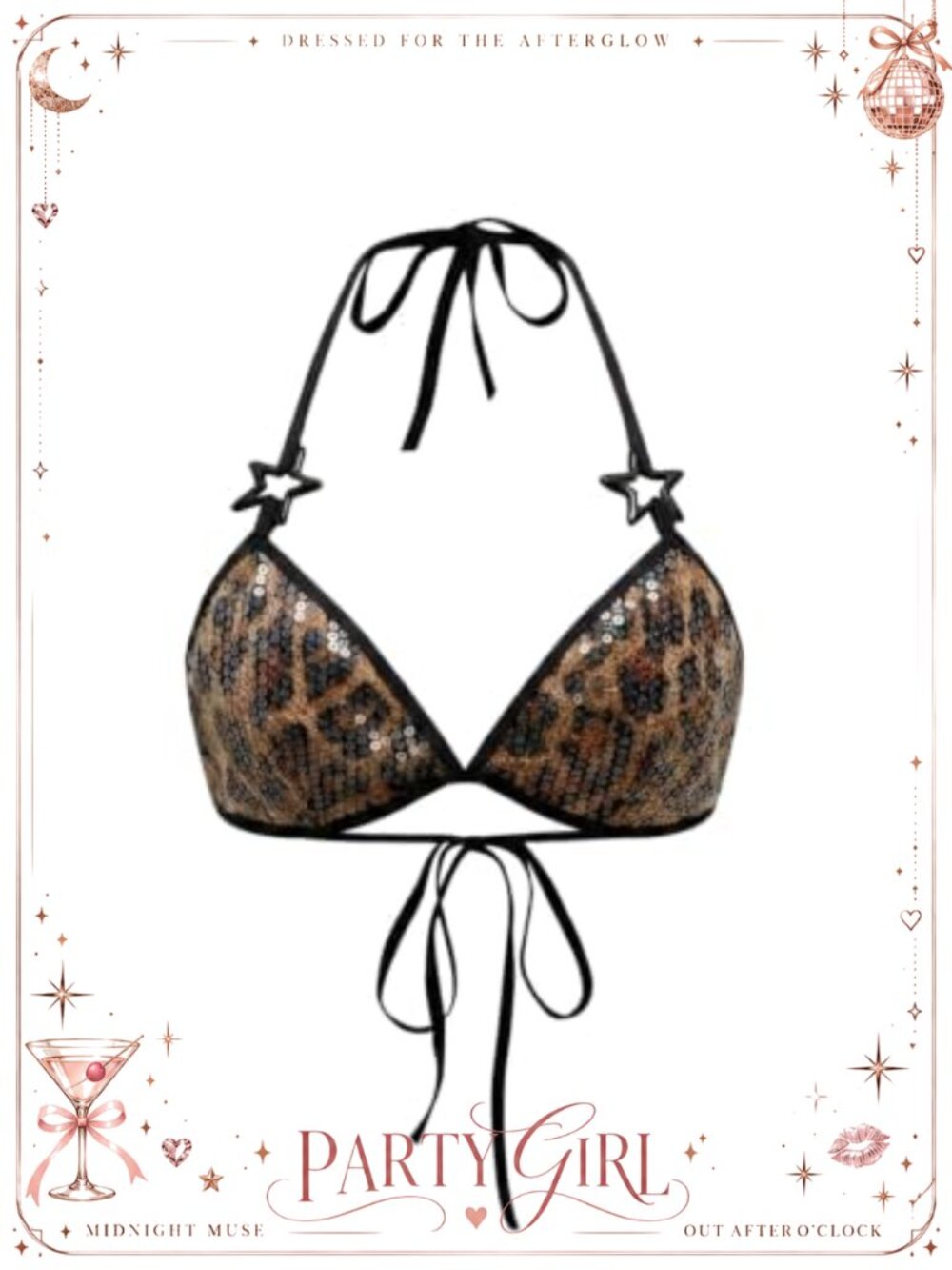 Sparkly Sequin Cheetah Halter Bralette Tie Back Wireless